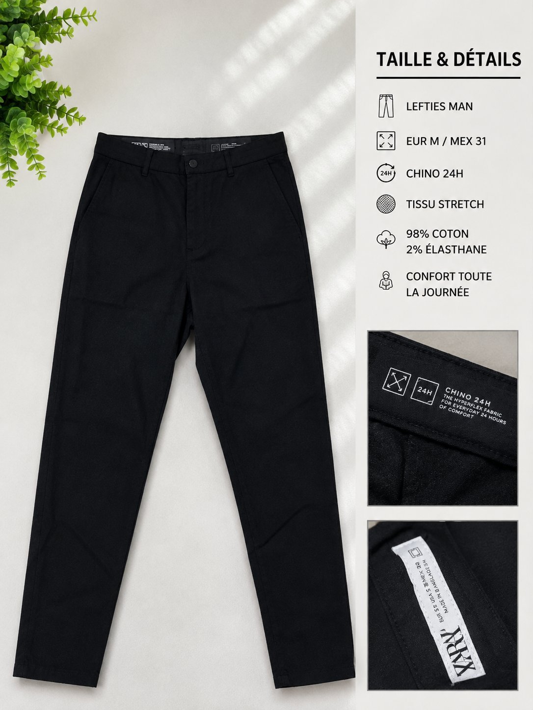 👖 Pantalon Lefties Man – Noir – Taille M Marque: Lefties Man Taille: EUR M / MEX 31 Couleur: Noir Coupe: Chino Chino 24H Tissu stretch Composition: 98% coton / 2% élasthanne État: Très bon état 📩 Pour plus d’informations, contactez-moi en privé.