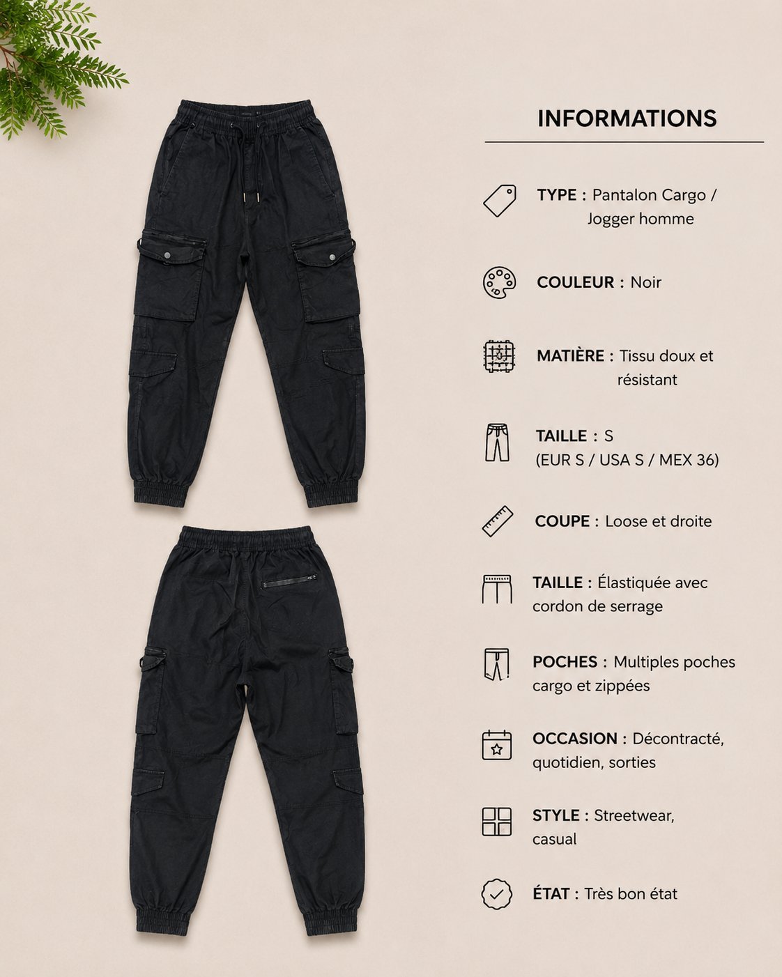 Pantalon Bershka Original – Noir – Taille S Coupe cargo jogger, taille élastiquée avec cordon, plusieurs poches fonctionnelles. Bas resserrés élastiqués. Très bon état.