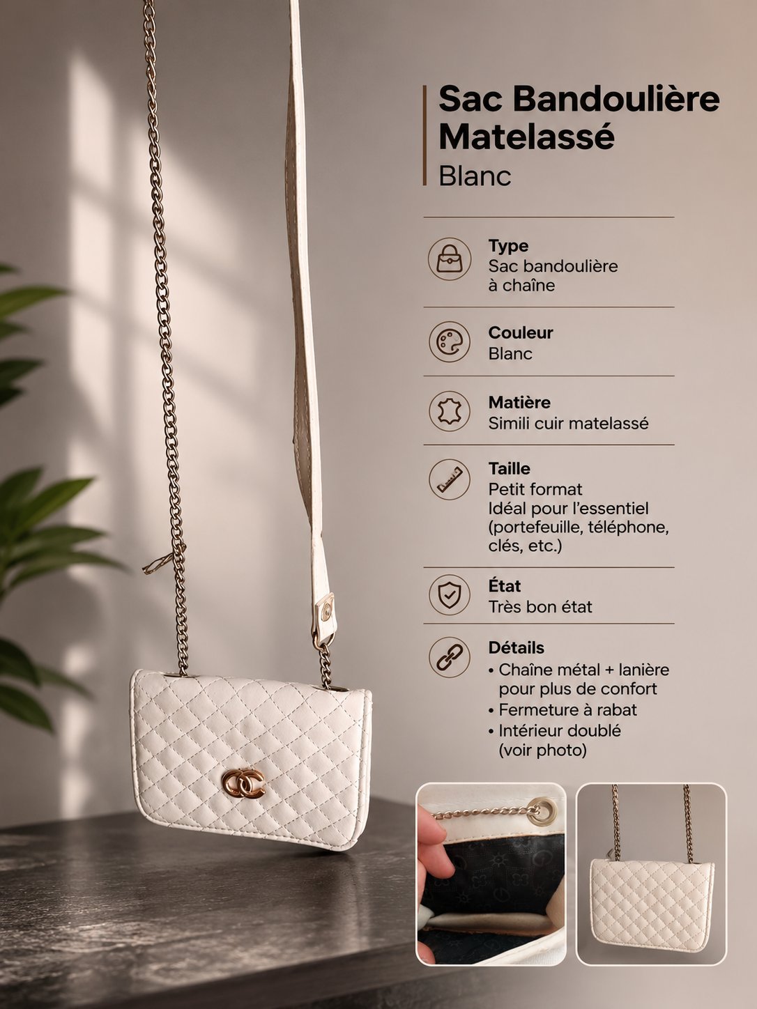 Sac bandoulière matelassé blanc – Chaîne argentée Petit format, motif matelassé, fermeture à rabat et doublure intérieure noire. Très bon état.