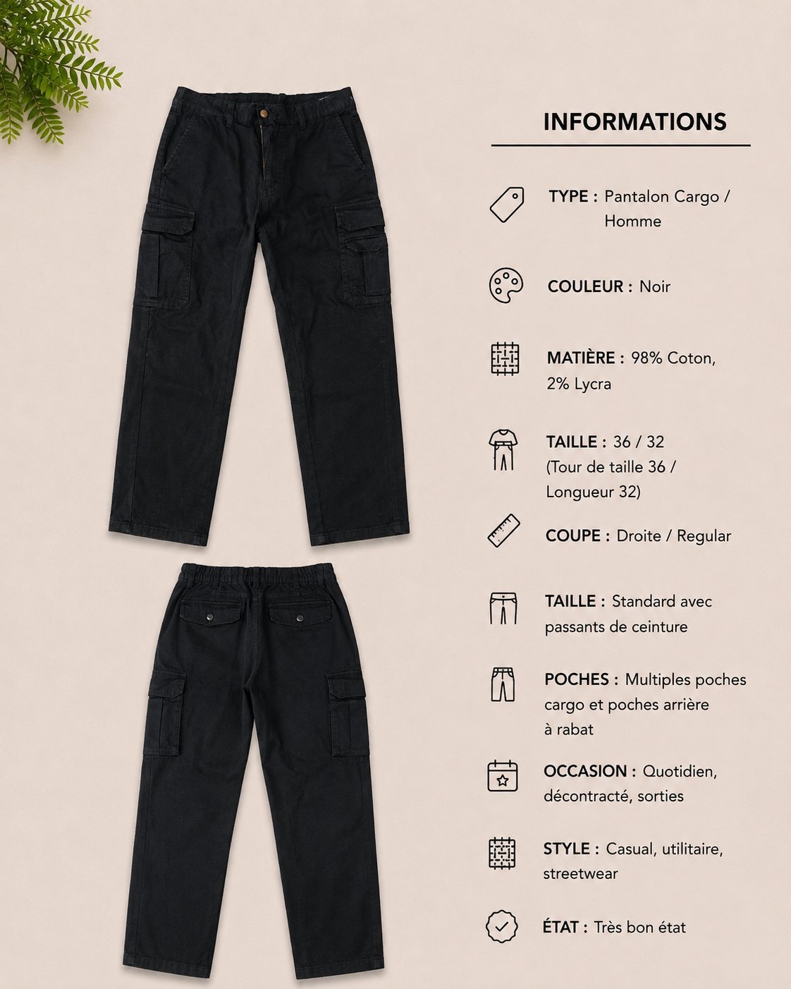 Pantalon Cargo Homme – Noir – Taille 36/32 Coupe droite, 98% coton et 2% Lycra, fermeture à bouton et zip, plusieurs poches cargo fonctionnelles. Style casual et confortable. Très bon état.