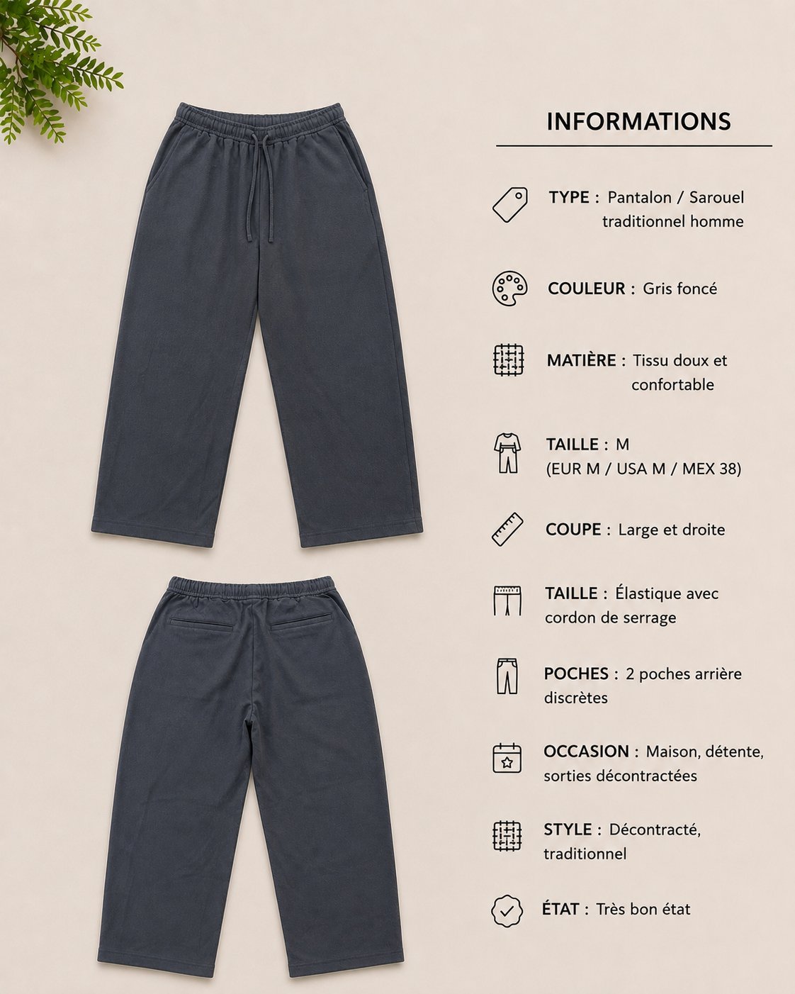 Pantalon Bershka Original – Gris Anthracite – Taille M Coupe loose, taille élastiquée avec cordon, tissu texturé côtelé. Très bon état.