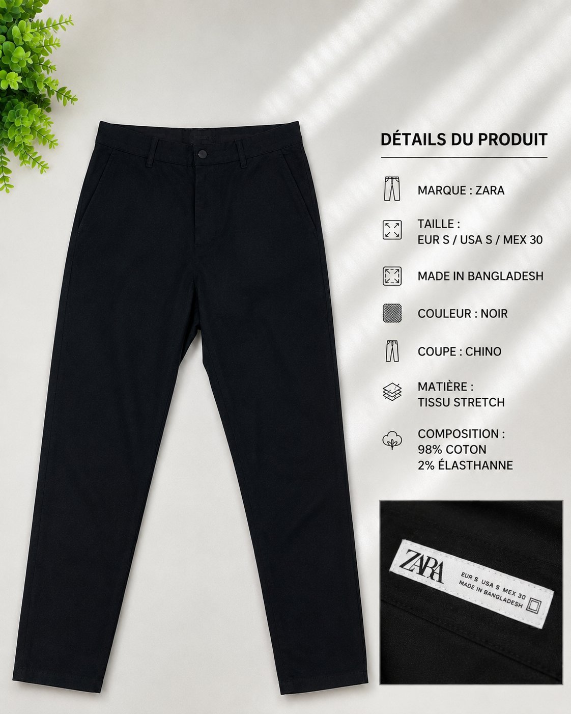 👖 Pantalon Zara – Noir – Taille S Marque: Zara Taille: EUR S / USA S / MEX 30 Couleur: Noir Coupe: Chino Tissu stretch Composition: 98% coton / 2% élasthanne Fabriqué au Bangladesh État: Très bon état 📩 Pour plus d’informations, contactez-moi en privé.