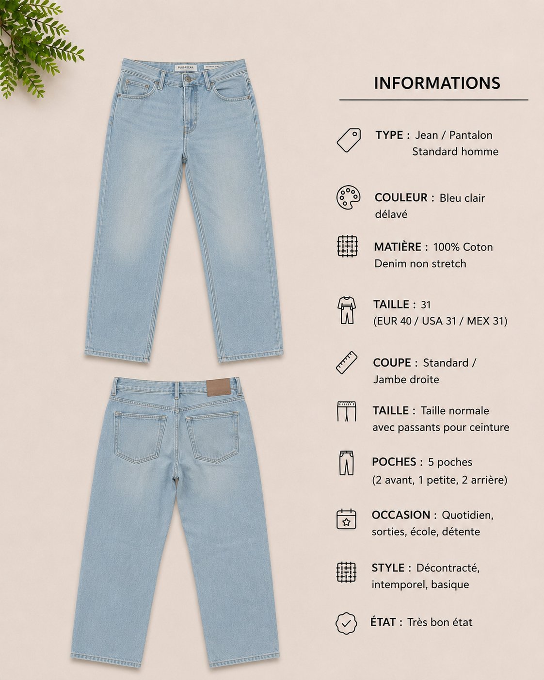 Jean Pull&Bear bleu clair, coupe standard et droite 👖✨ Taille EUR 40 / W31. Style classique et décontracté, facile à assortir au quotidien. Très bon état.