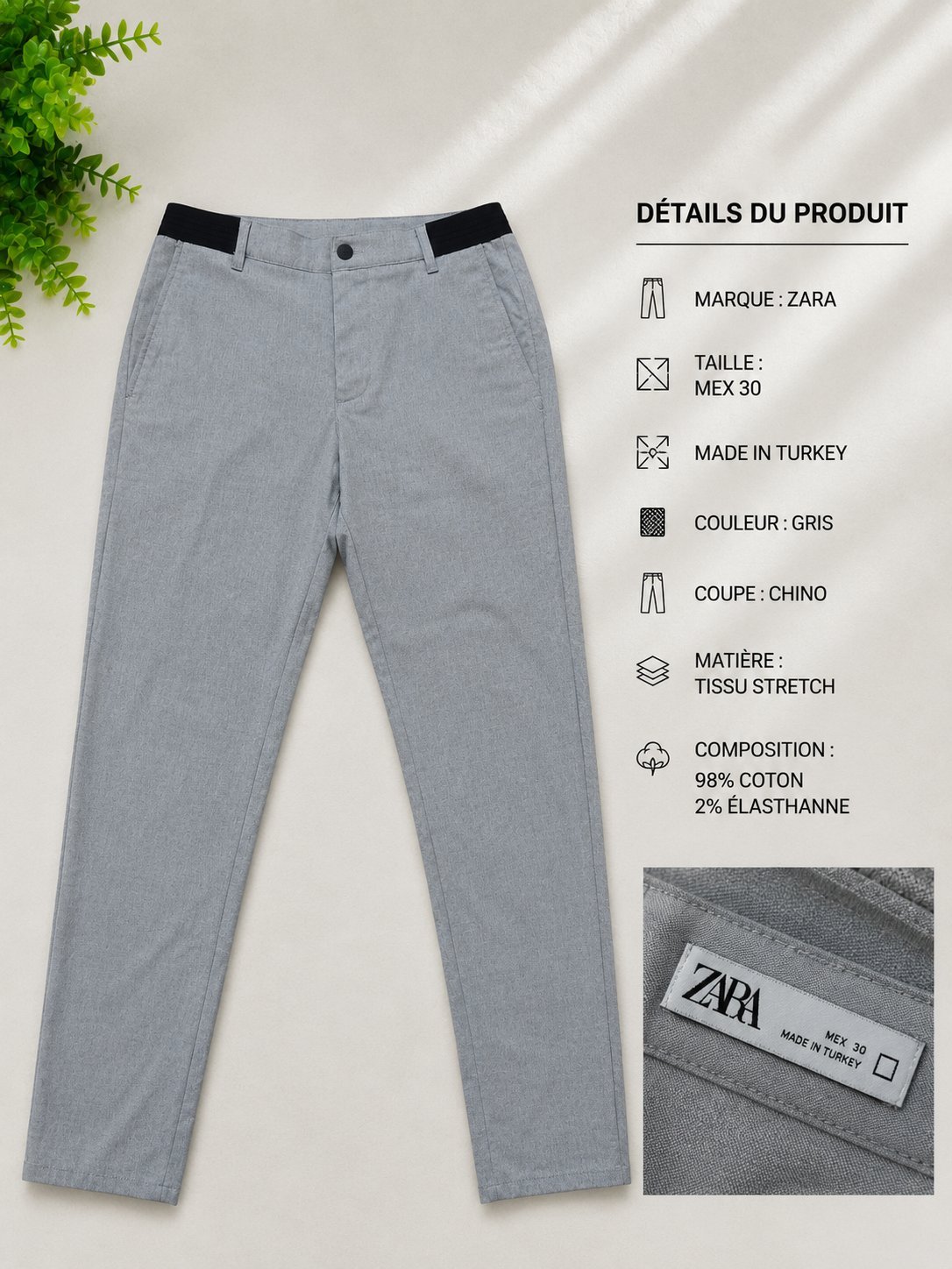 👖 Pantalon Zara – Gris – Taille M Marque: Zara Taille: MEX 30 Couleur: Gris Coupe: Chino Tissu stretch Composition: 98% coton / 2% élasthanne Fabriqué en Turquie État: Très bon état 📩 Pour plus d’informations, contactez-moi en privé.