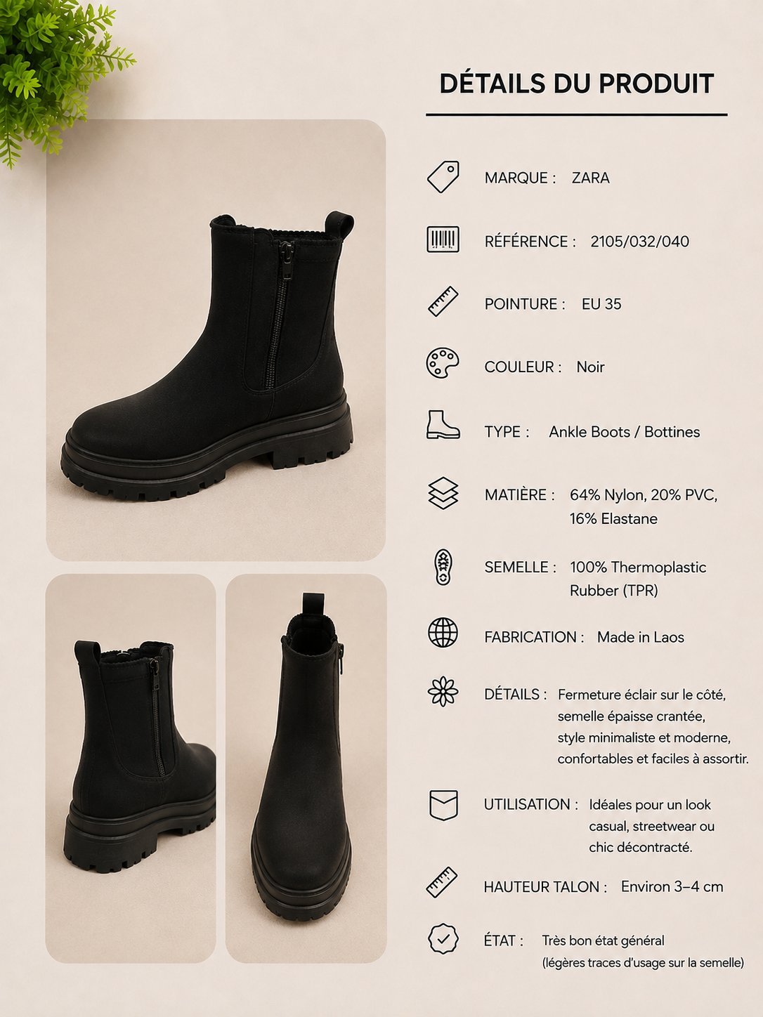Marque: ZARA Modèle: 2105/032 Couleur: Noir Pointure: EU 35 Type: Bottines / Ankle Boots Semelle: épaisse crantée Made in Laos ستايل: chunky / platform، ينجم يتلبس مع jeans، cargo وstreetwear.