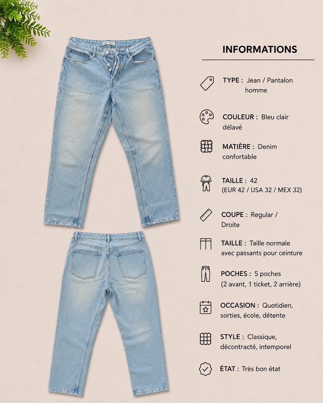 Jean ZARA bleu clair délavé 👖✨ Coupe droite/Regular، taille 42 (W32)، style classique et décontracté. Très bon état.