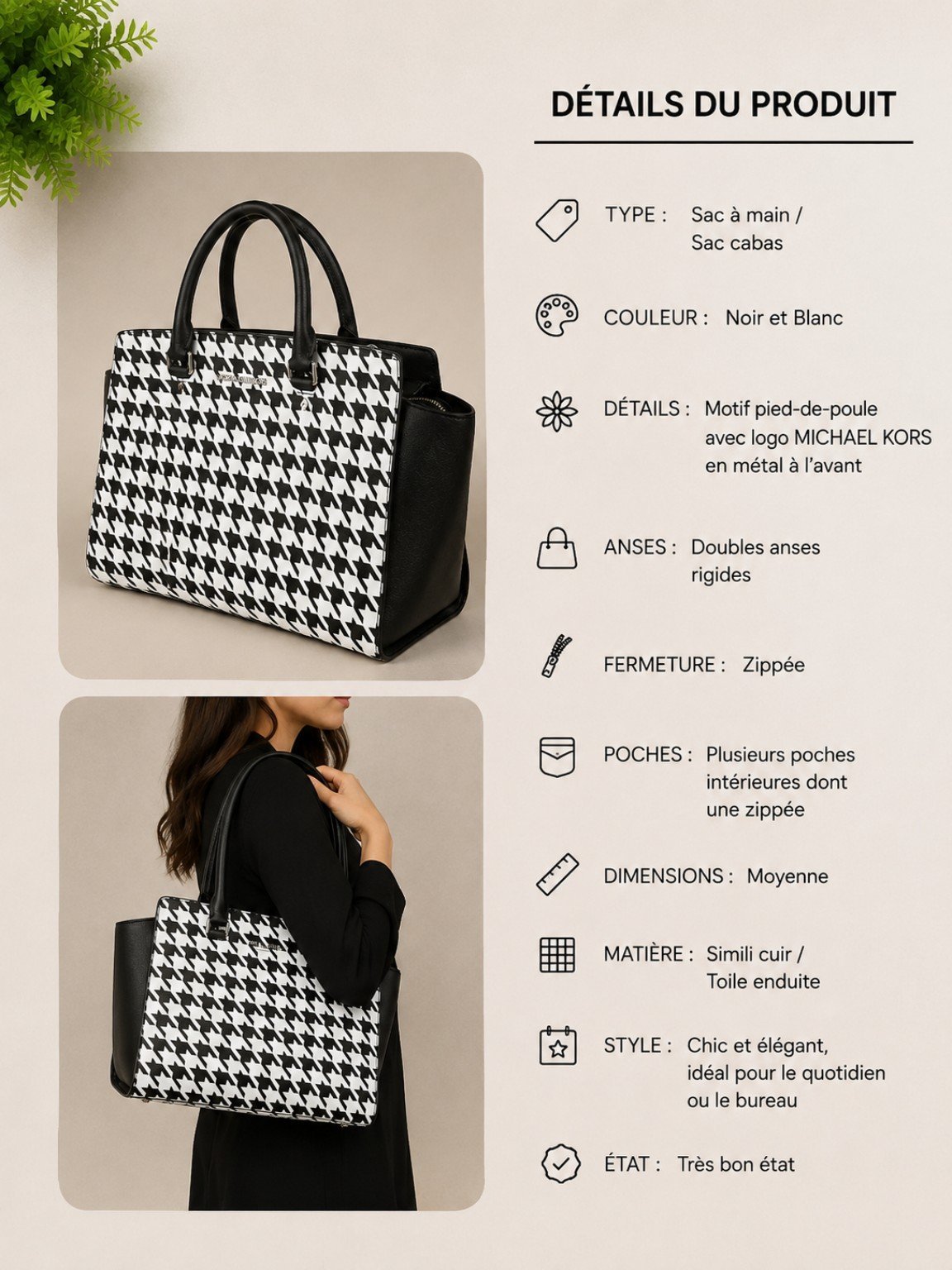 Sac à main femme Couleur : Noir et blanc Motif : Pied-de-poule Fermeture zippée Doubles anses Plusieurs poches intérieures Matière : Simili cuir État : Très bon état