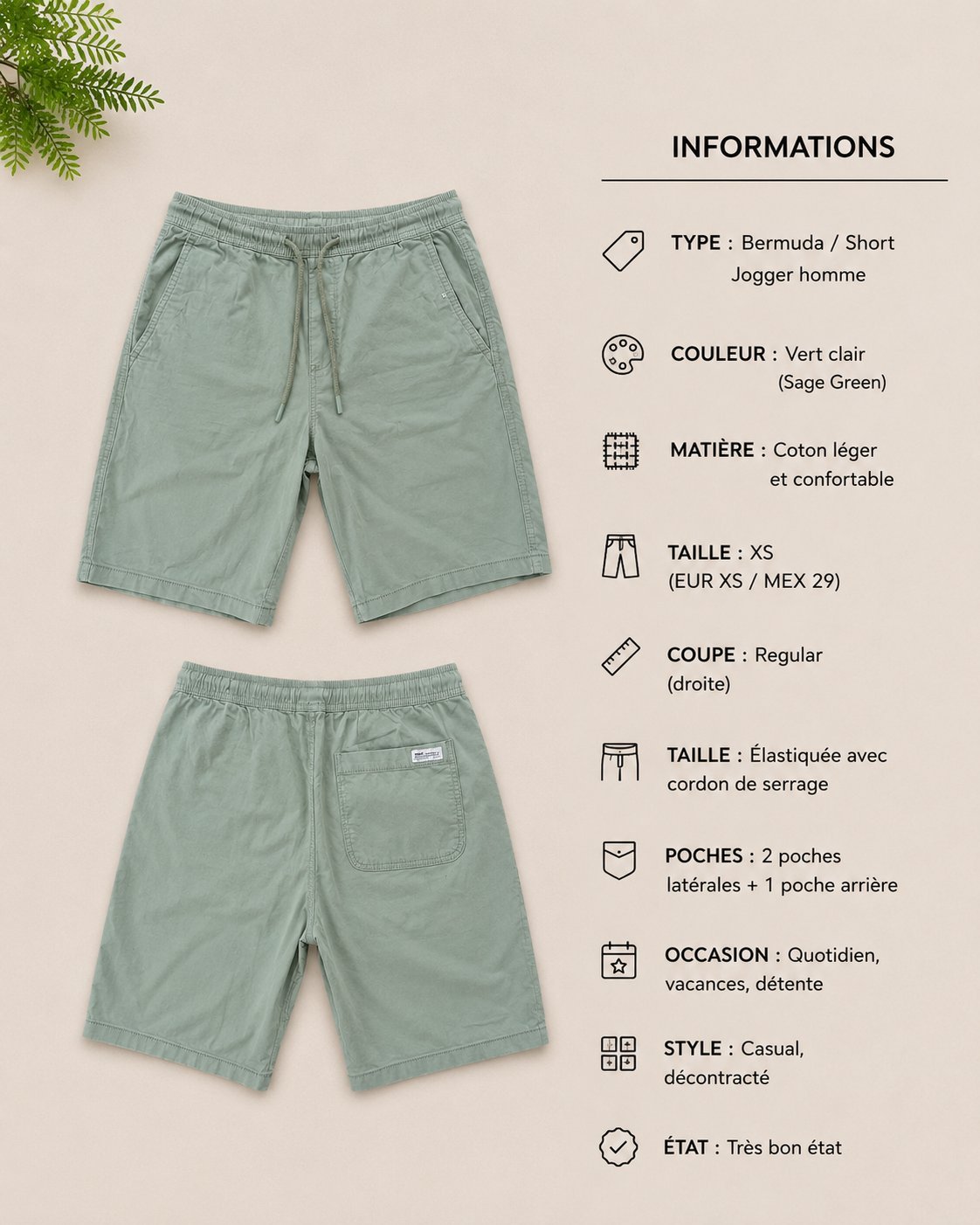 Bermuda Lefties Original – Vert clair – Taille XS Coupe regular, taille élastiquée avec cordon, poches latérales et arrière. Style casual et décontracté. Très bon état.