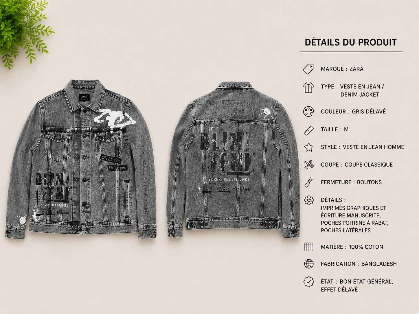 🧥  : Veste en jean ZARA Marque : ZARA Taille : M Couleur : Gris foncé Matière : Denim Style : Veste en jean Fermeture : Boutonnée Détails : Poches, imprimés graphiques, effet délavé Fabriquée au Bangladesh État : Bon état général