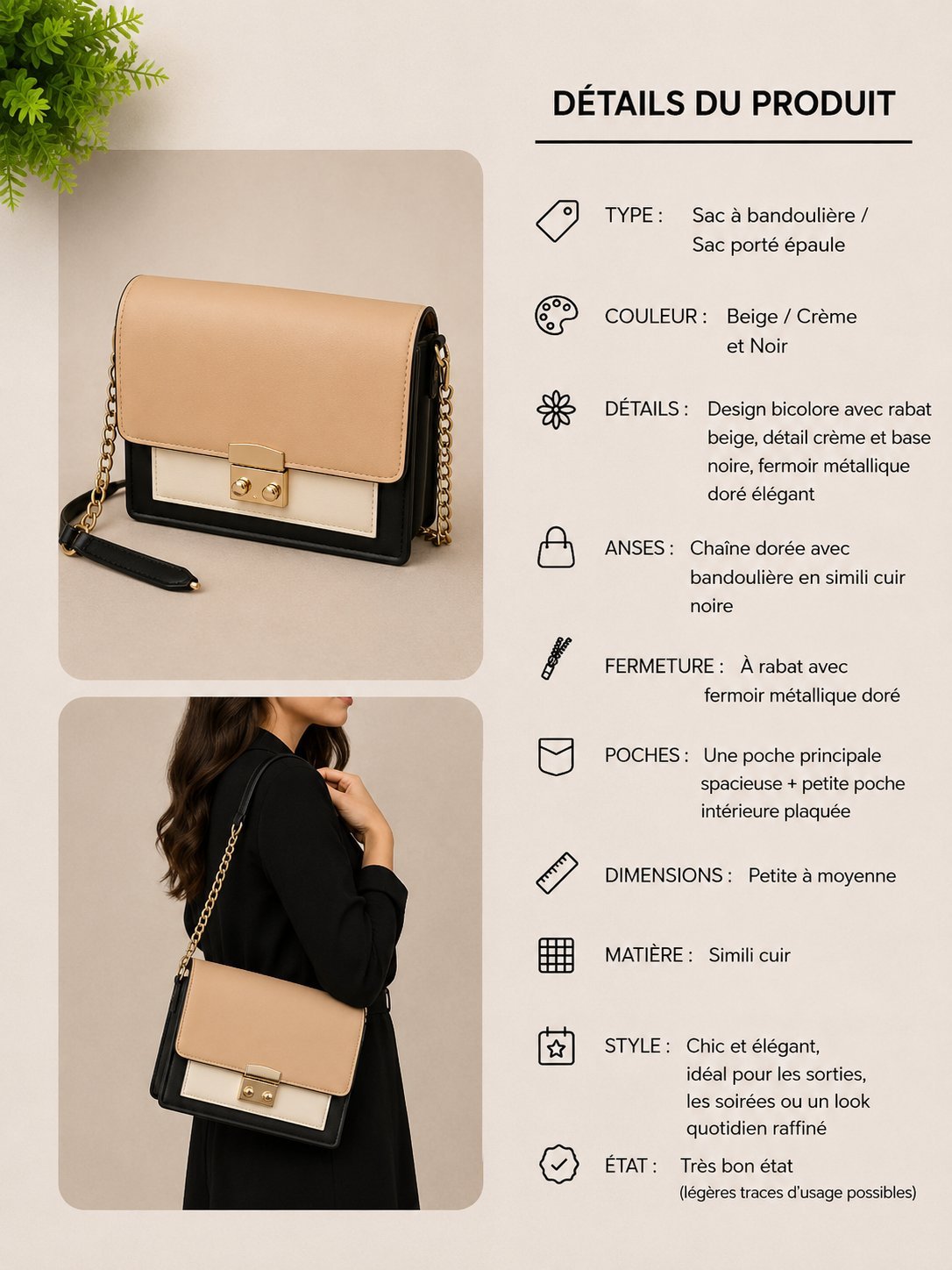 Sac à main élégant beige, crème et noir. Fermeture métallique dorée et bandoulière avec chaîne. Matière : simili cuir. Bon état général.