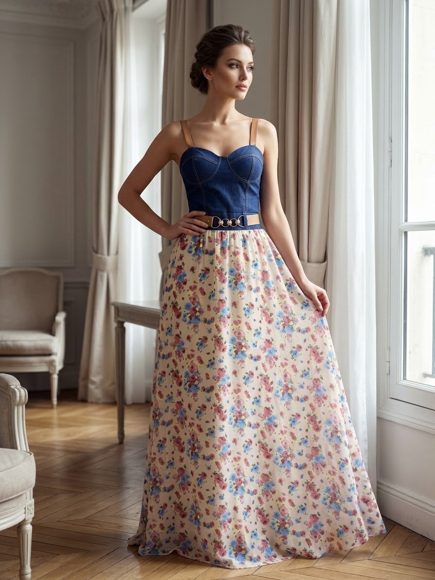 Robe longue style bustier en jean