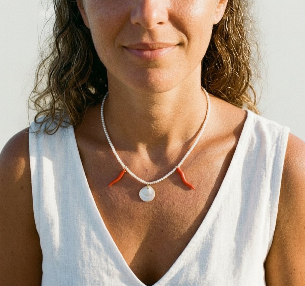 Collier corail et coquillage 