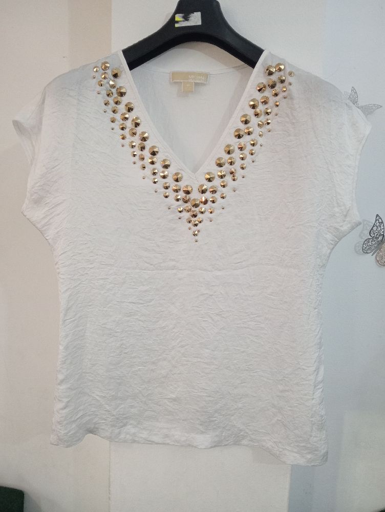 🤍💛blouse blanche tissu crêpe satiné à motifs métalliques dorés de la marque Michael Kors 💛🤍 aucun défaut, aucune tâche 🥰