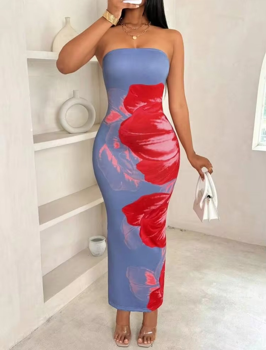 BamGleam Robe longue imprimée florale sans bretelle tendance pour femmes