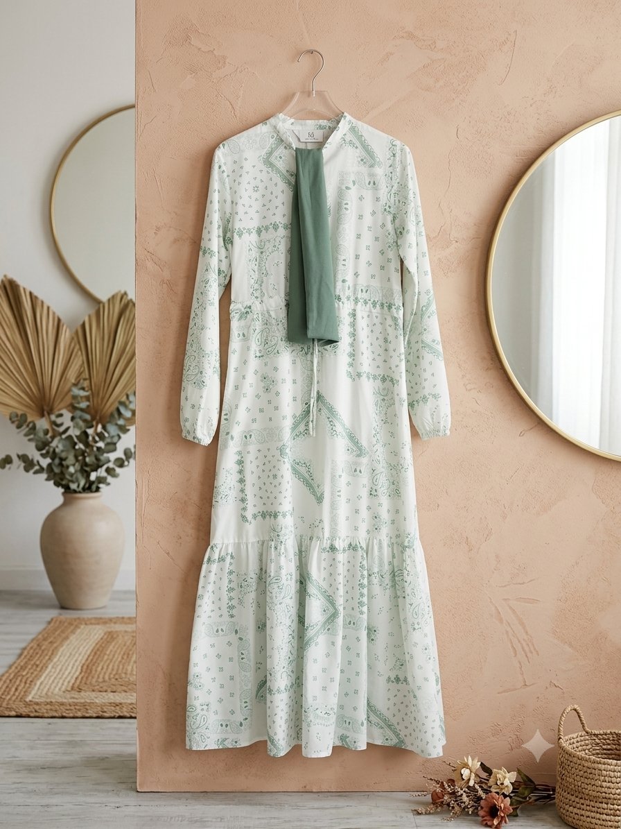Robe longue bohème vert sauge + Foulard assorti