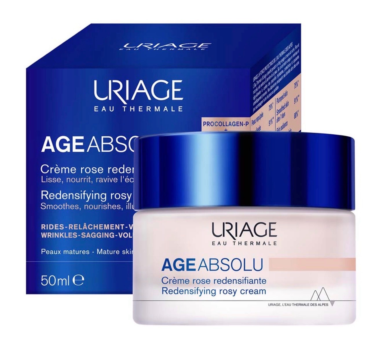 Uriage Age Absolu Crème Rose Redensifiante, un soin anti-âge global de 50 ml formulé pour les peaux matures