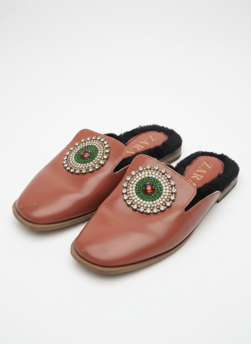 Mules marron strass forrure