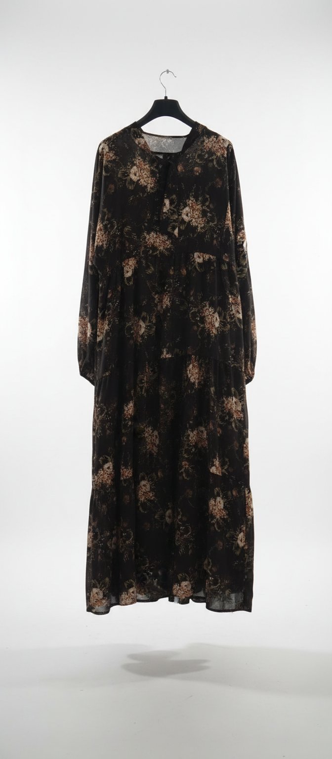 Robe longue couleur fond marron fleurs beige manches bouffantes 