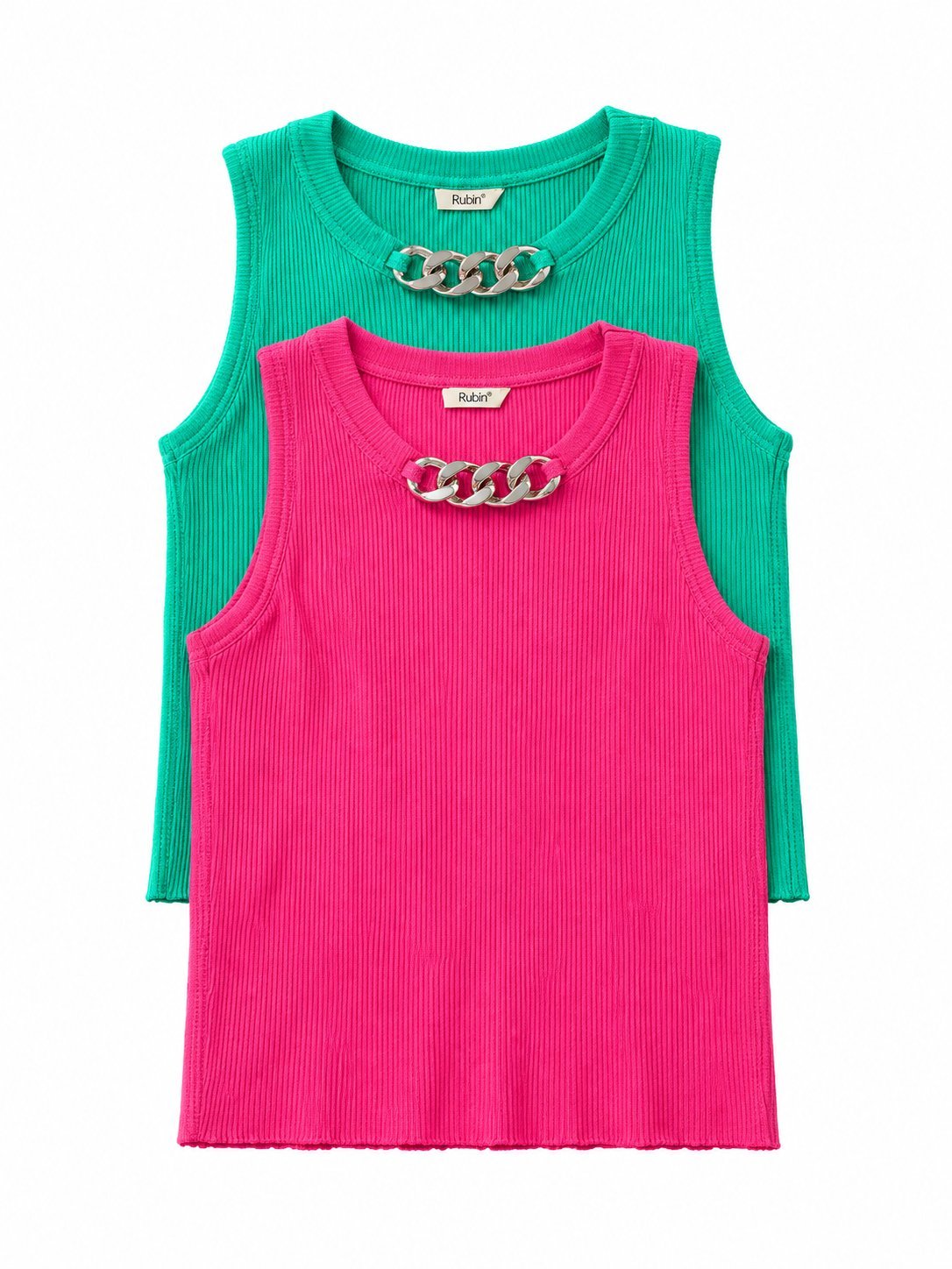 Lot de 2 débardeurs côtelés rose fuchsia et vert avec chaîne décorative