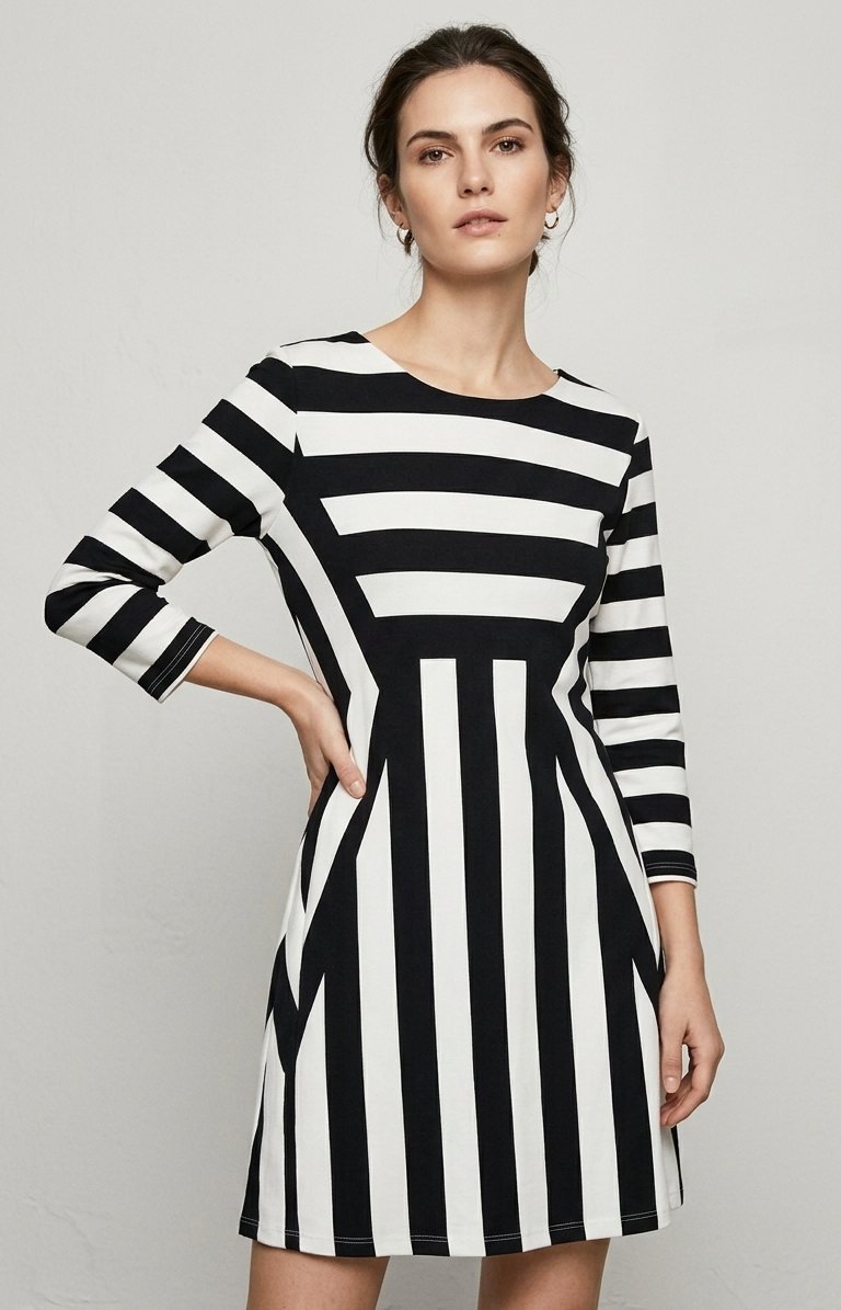 Robe Ajustée à Motifs Géométriques Optiques - Noir & Blanc