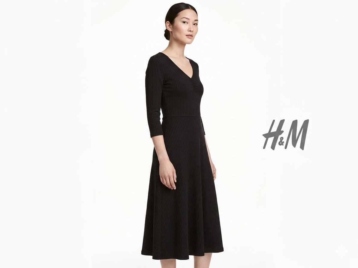 Robe Midi Noire H&M - Maille Côtelée (Taille XS)