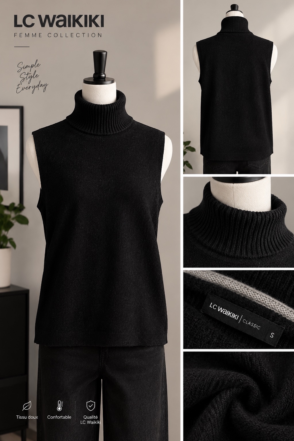 Pull sans manches à col roulé 