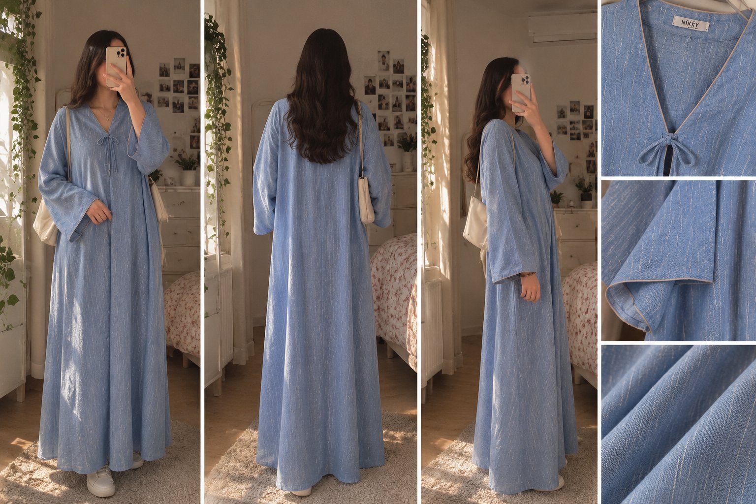 Robe longue d'un bleu ciel doux confectionnée dans un tissu respirant parcouru de fines rayures en dorè