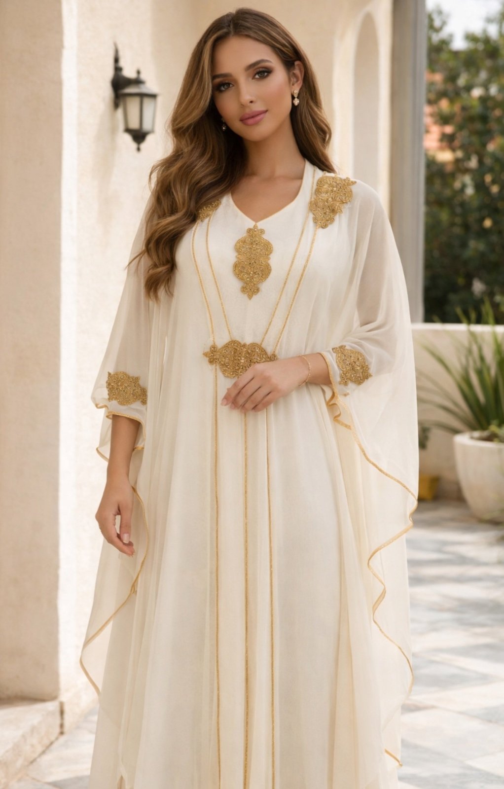 Kaftan / Farasha blanche avec broderies dorées – Élégant & léger