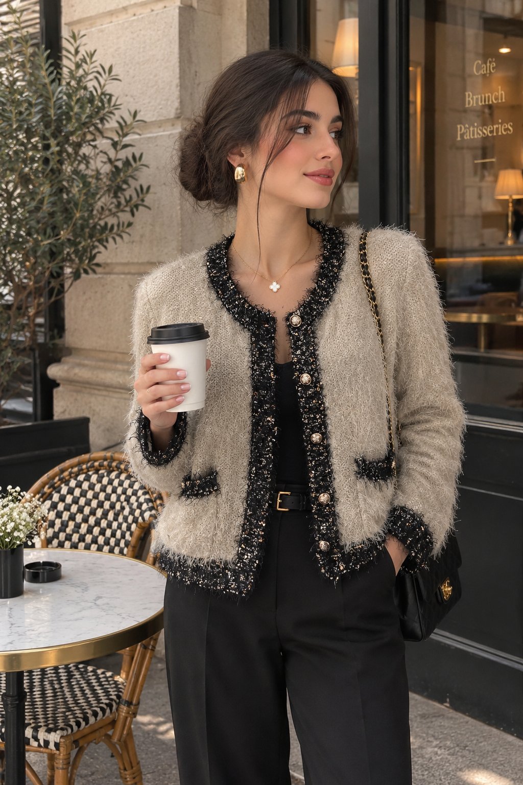 Cardigan chic beige et noir – Style élégant ✨