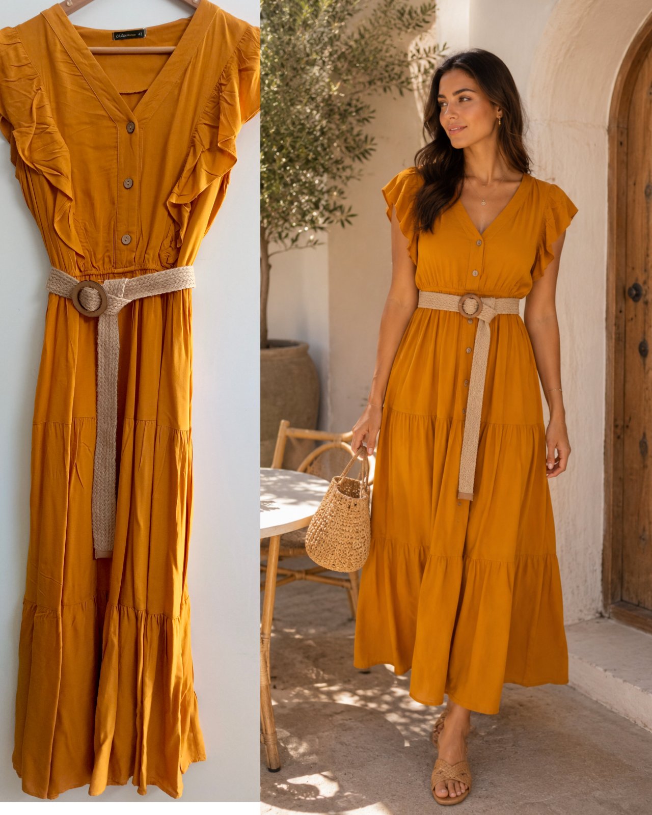 🤎 Robe longue moutarde avec ceinture – Élégante & tendance ✨