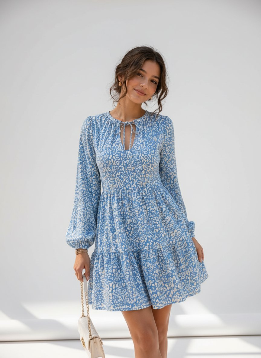 🌸 Robe courte à imprimé bleu & blanc – Élégance et fraîcheur 🌸