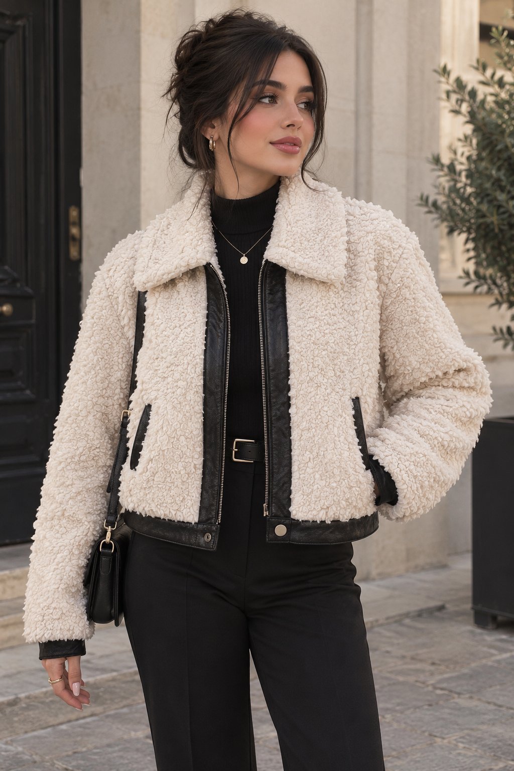 Veste teddy écrue avec détails effet cuir noir 🤍🖤