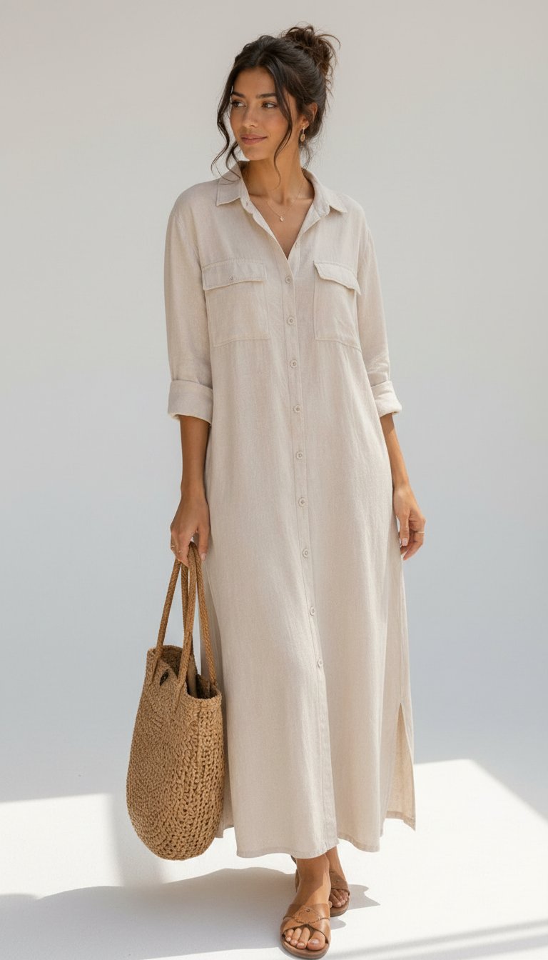 🤍 Robe chemise longue beige – Style chic & intemporel