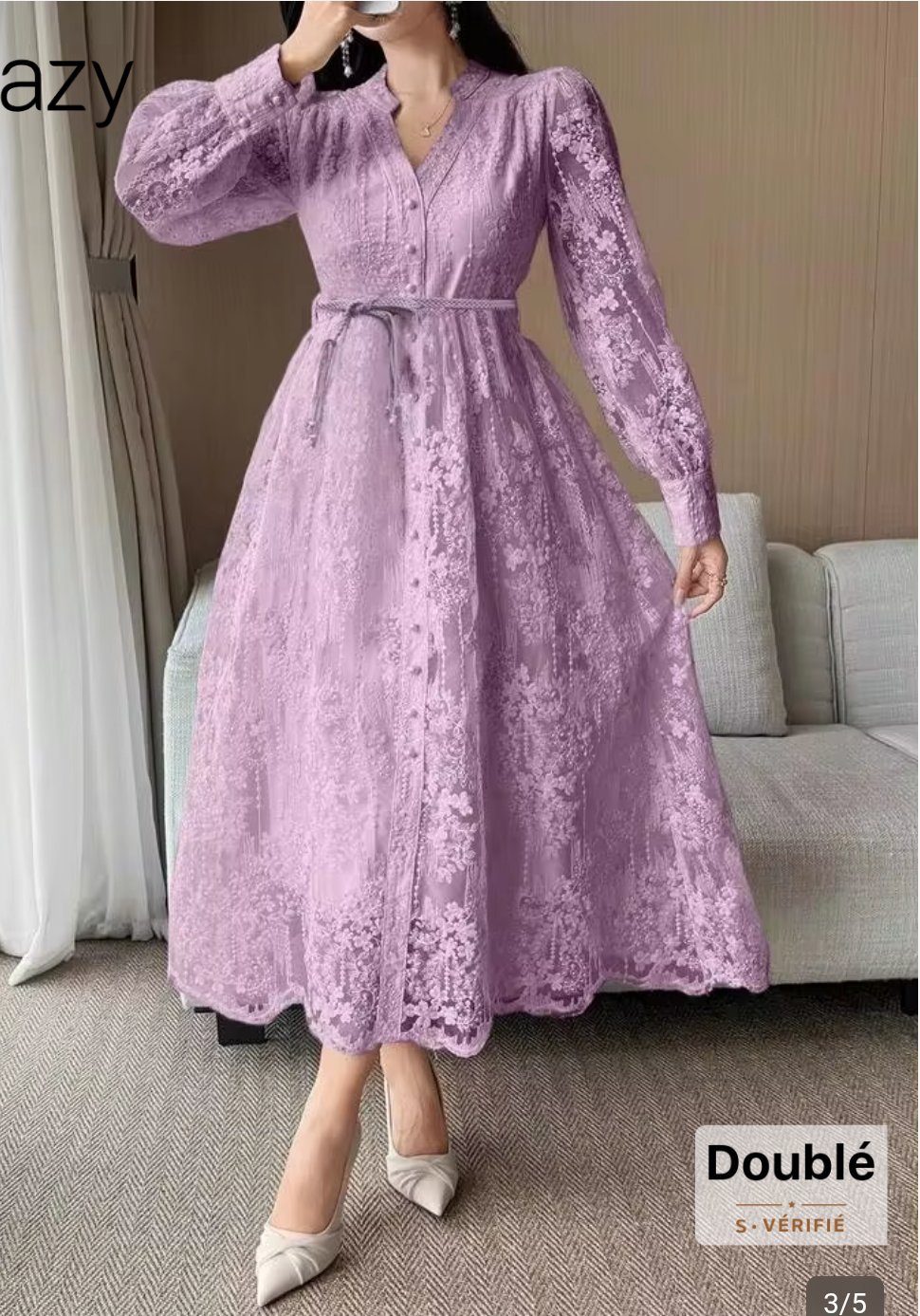 Robe mi-longue dentelle en mauve lilas