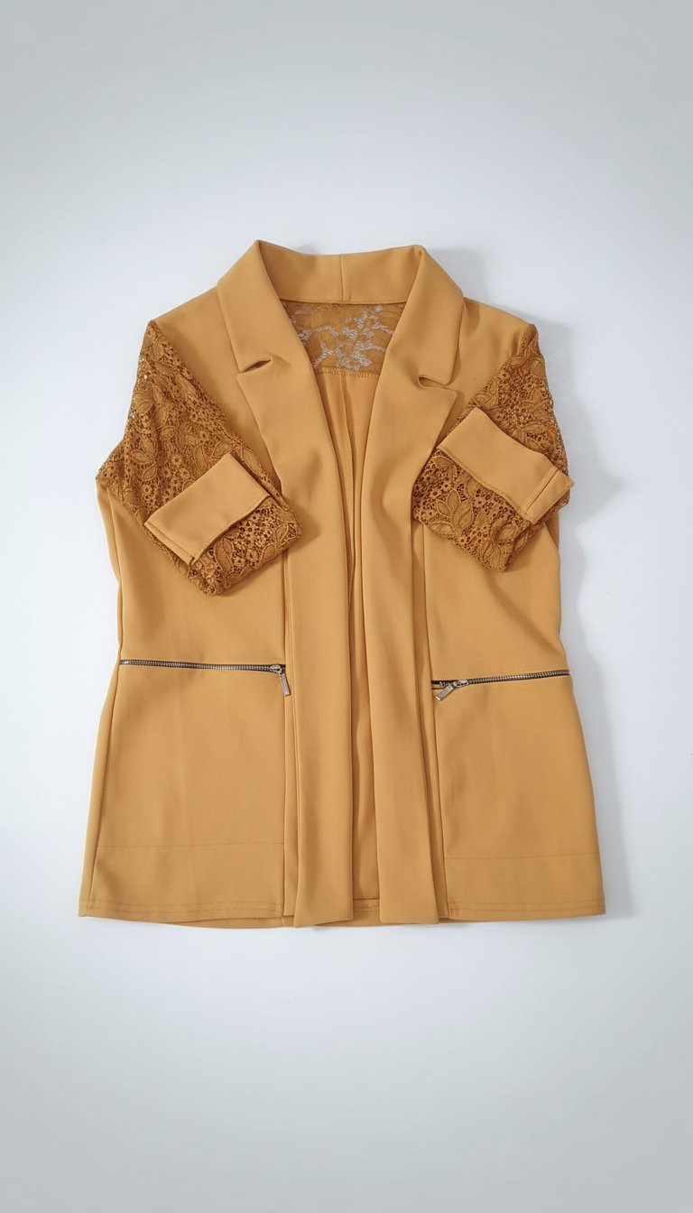Blazer jaune moutard, bon qualité, manche dentelle, la taille 38,40 