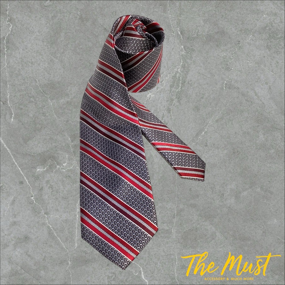🆕 Cravate PRONTO UOMO Gris & Rouge en Soie Largeur: 8cm 