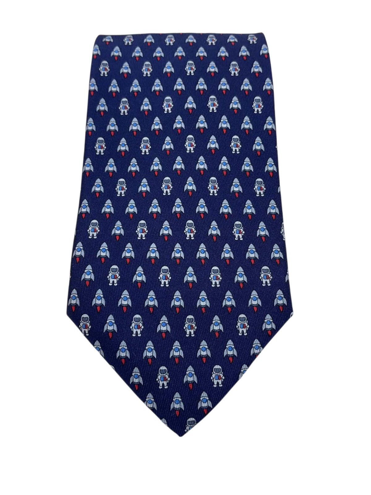 Cravate Salvatore Ferragamo en soie bleu marine à motif fumées et astronautes made in italy neuve 