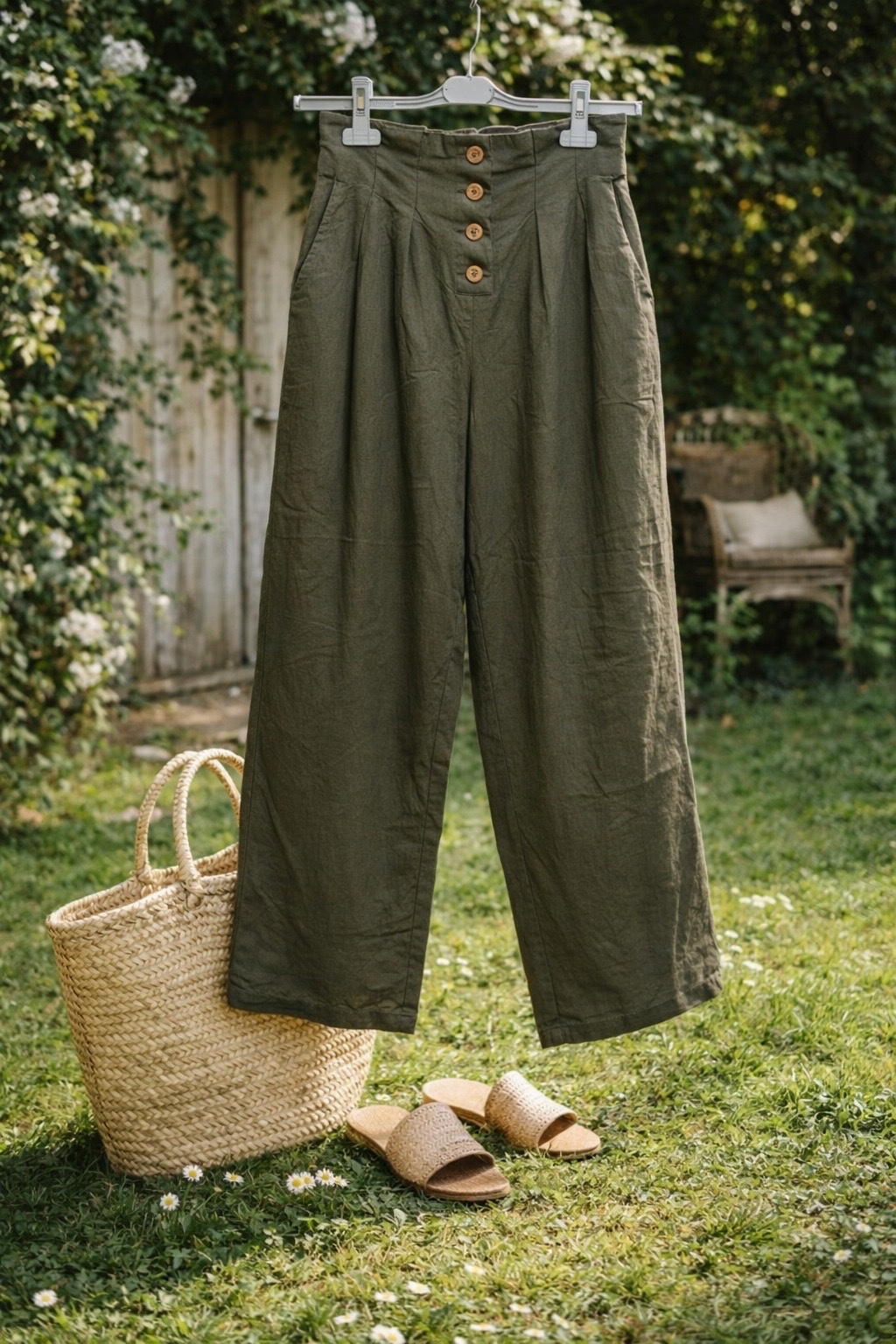 Pantalon Shein olive – Taille haute chic et boutons vintage