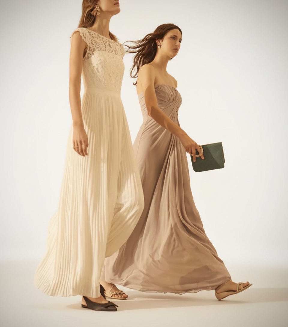 Robe de mariée bohème ou robe de soirée longue de la marque H&M. Elle se caractérise par un haut délicat en dentelle florale à petites manches et une longue jupe fluide plissée de couleur crème / ivoire.