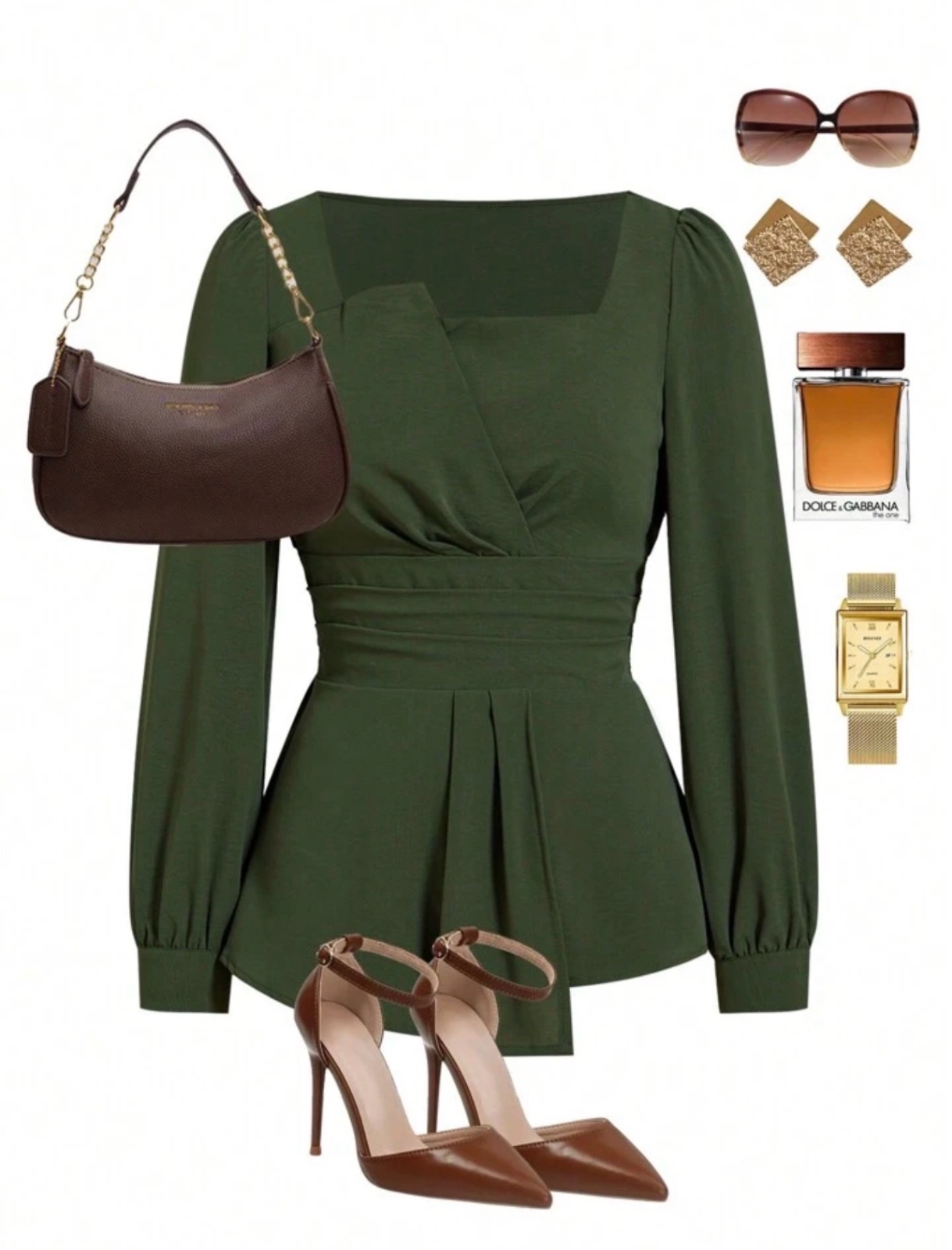 Blouse élégante verte à col carré asymétrique et à manches longues bouttantes