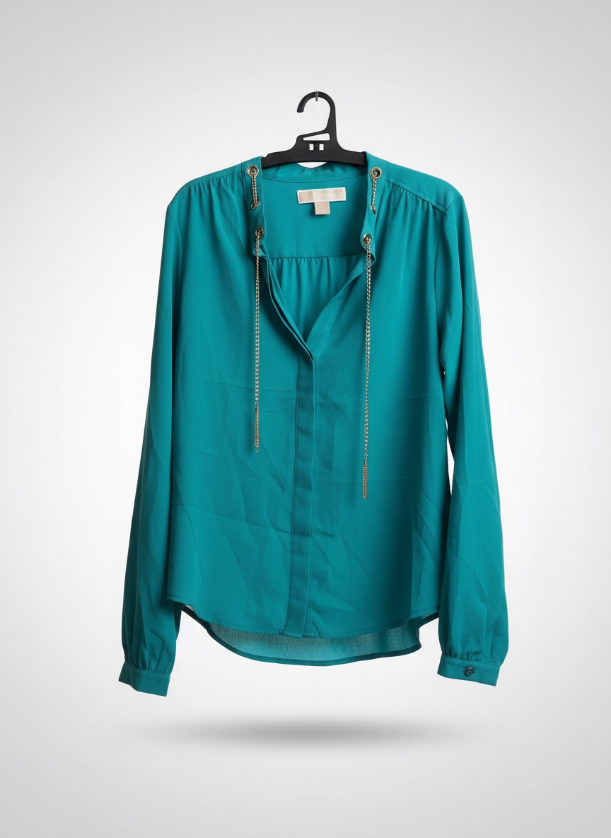 Chemise Michael Kors turquoise – Chaîne dorée et élégance raffinée. Taille S