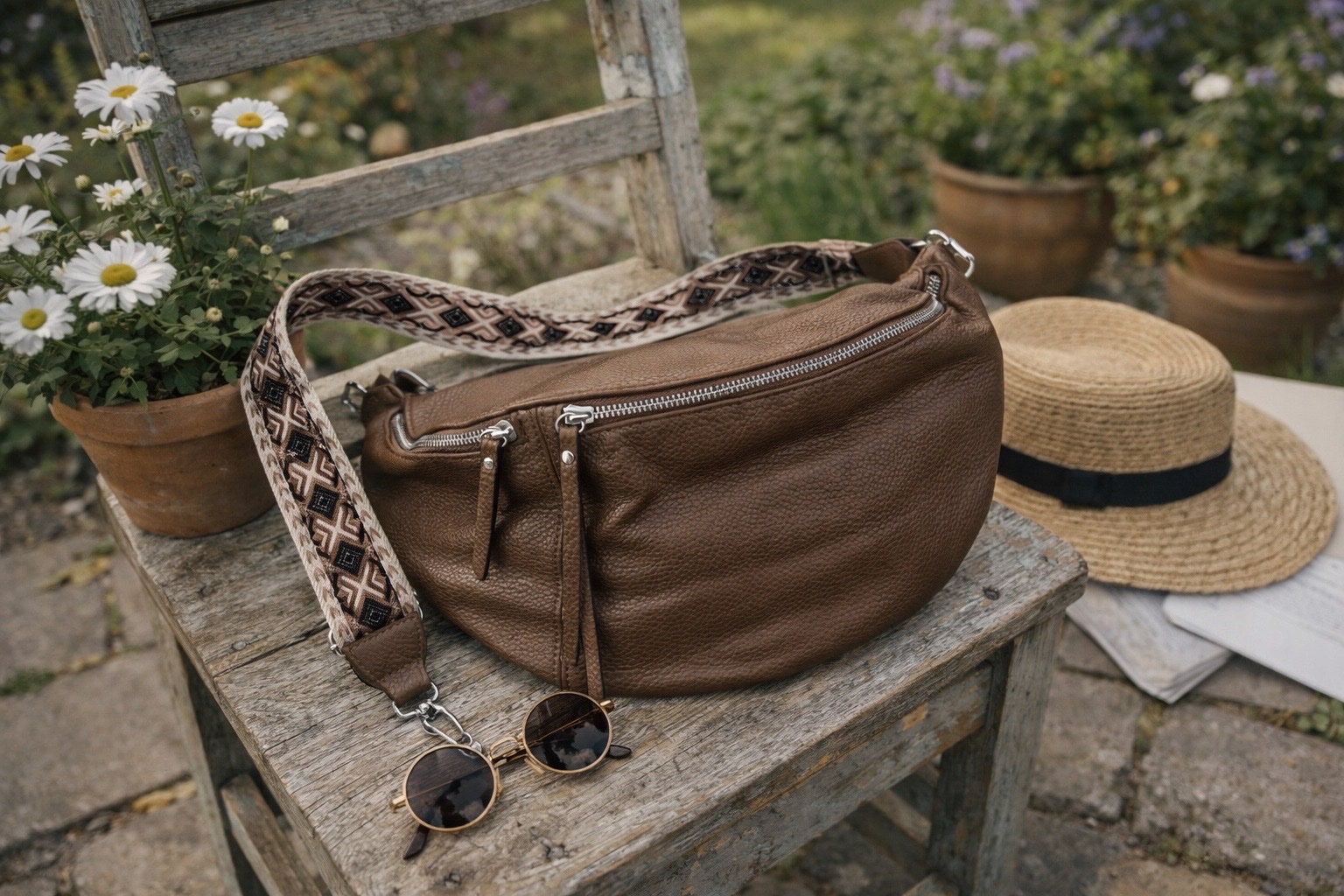 Sac banane XXL marron est équipé d'une bandoulière amovible tissée à motifs géométriques.