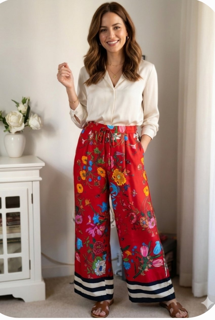 ​Pantalon fluide rouge à motif floral et bandes chic – Fabriqué en Italie – Taille Unique (TG.U)