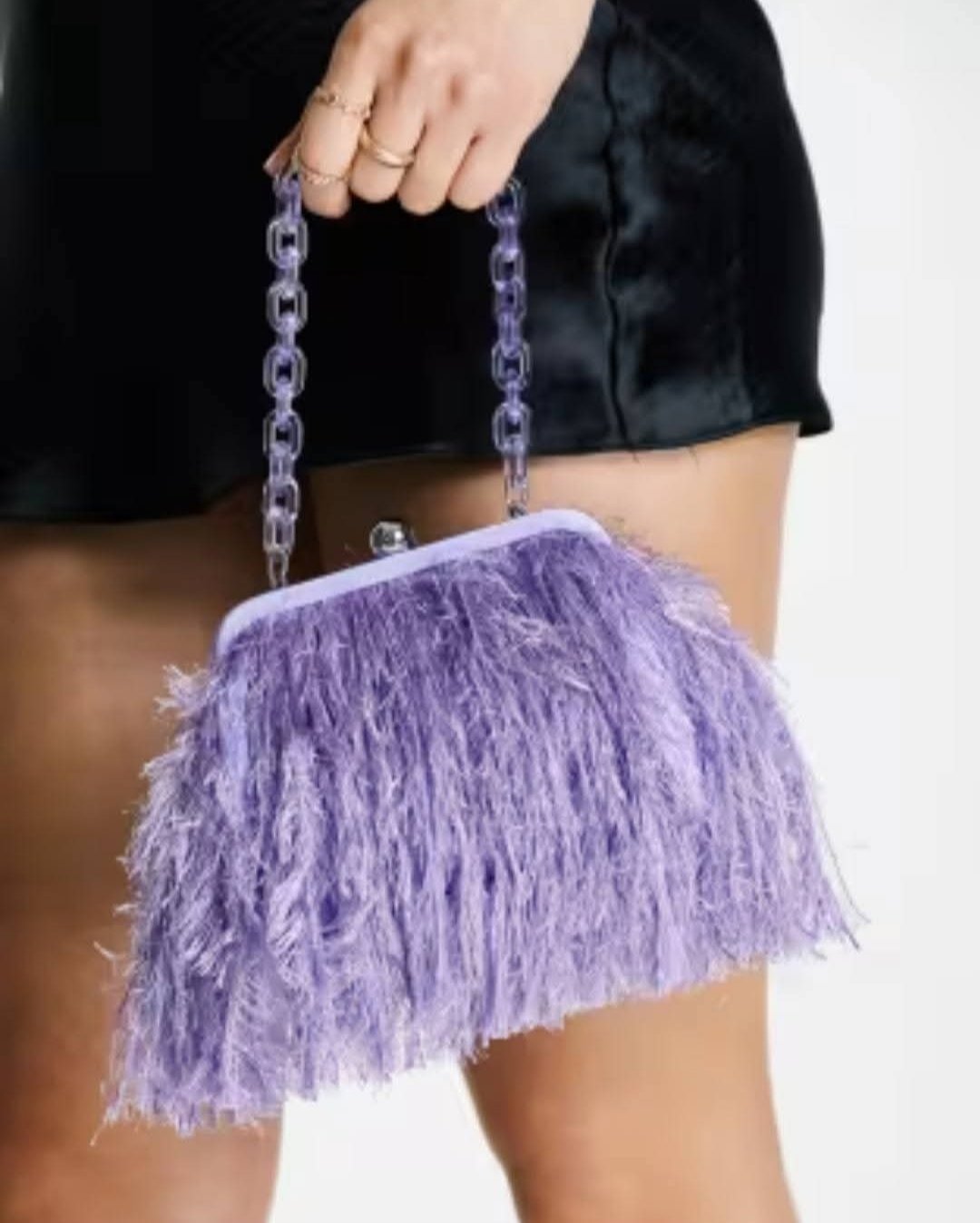 ​💜👜Sac à main Clutch Violet Vibrant à Franges Shaggy avec Poignée Chaîne en Acrylique – Neuf !