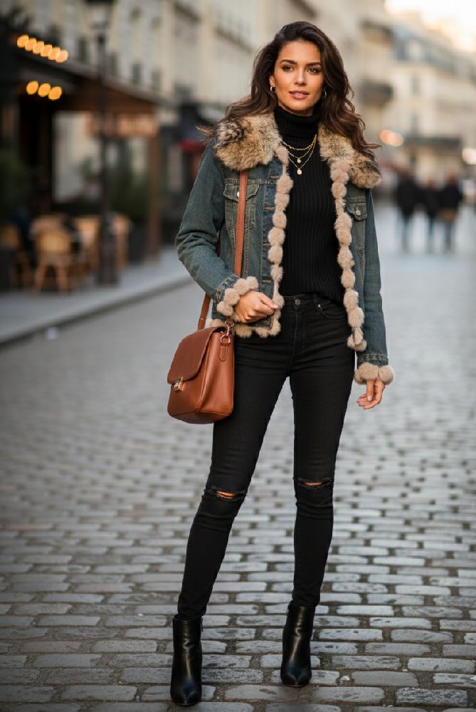 Cette Veste, mélangeant le côté brut du denim et le luxe du bord en fourrure