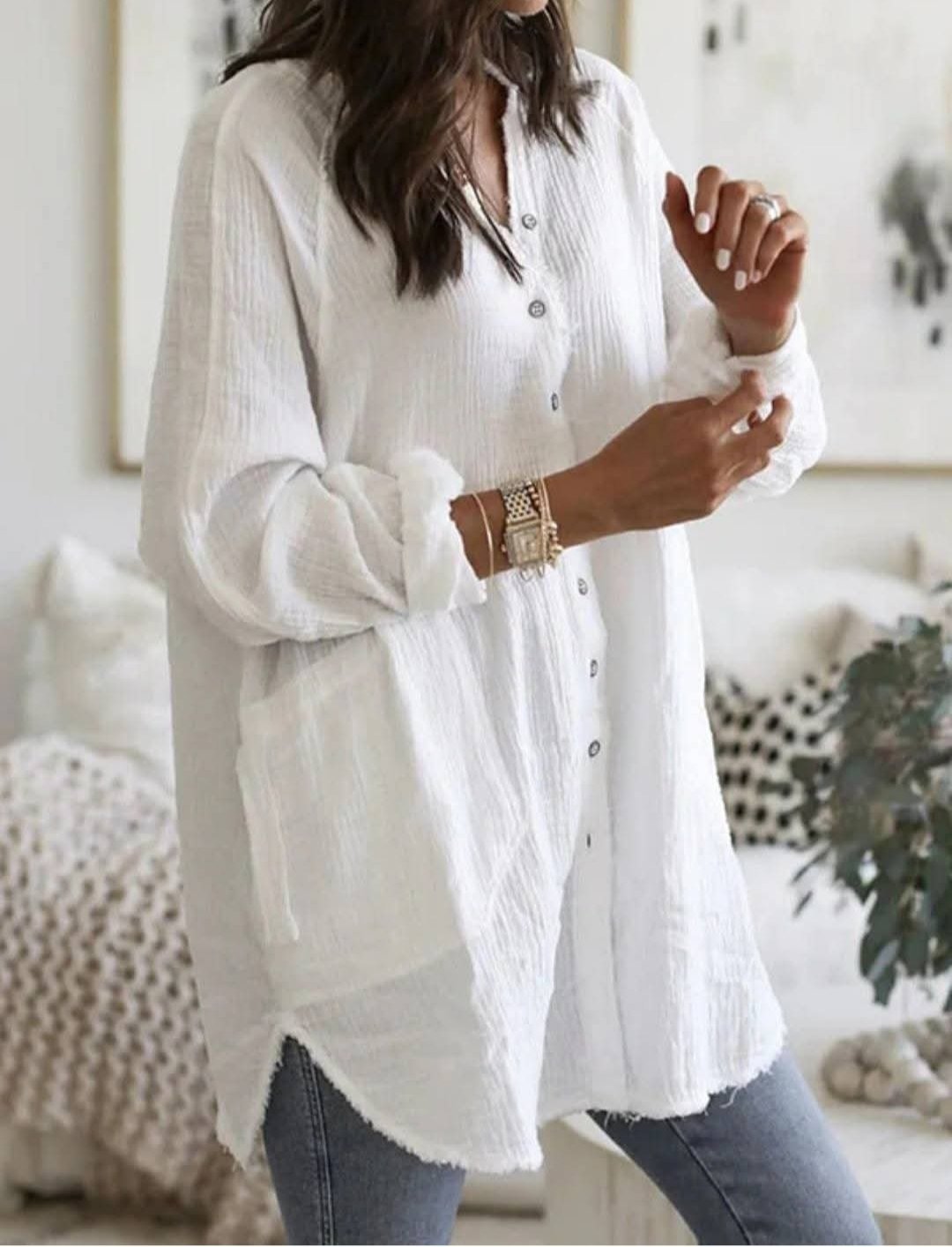 ​🌟 Tunique longue en lin mélangé H&M – Blanc cassé / Crème
