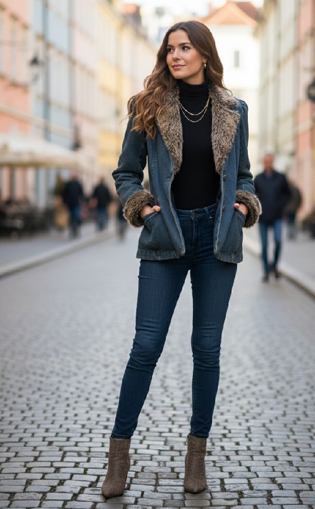 Veste en Jean Style Vintage avec Col et Poignets en Fausse Fourrure