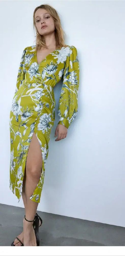 Zara Womens Floral Printed Satin Midi Long Sleeve Green Silky Dress