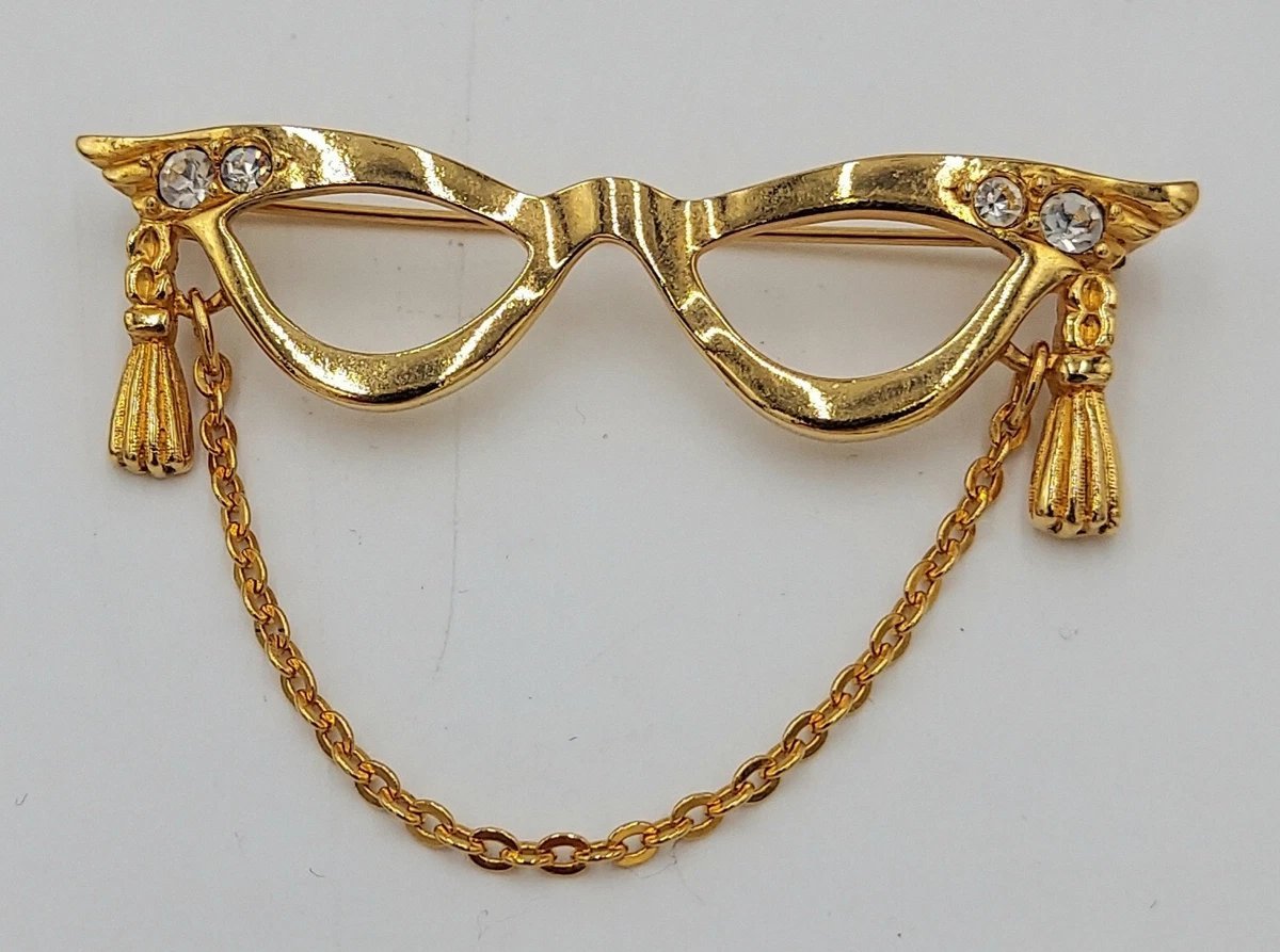 Broche vintage Avon, style bibliothécaire, lunettes œil-de-chat, pompons, strass, couleur or