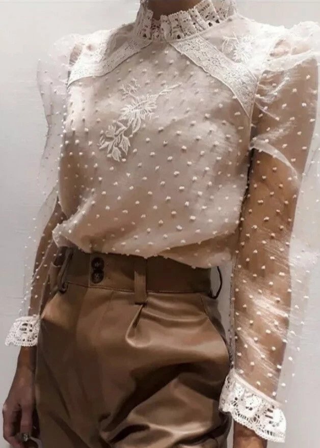 CHEMISIER ZARA BRODÉ PLUMETIS BEIGE ROSE 